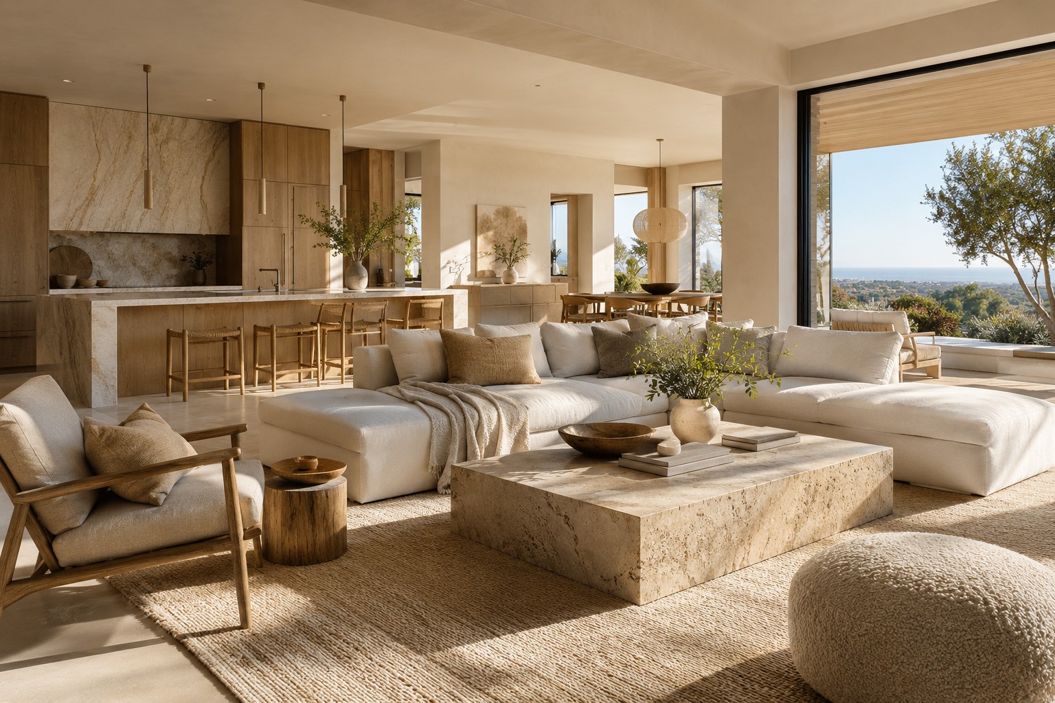 Illustrative contemporary home interior with oak cabinetry and textured furnishings