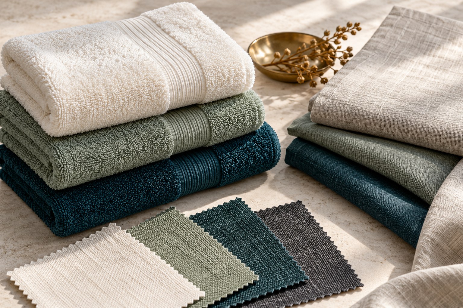Illustrative folded towels, fabric swatches, and natural textile materials